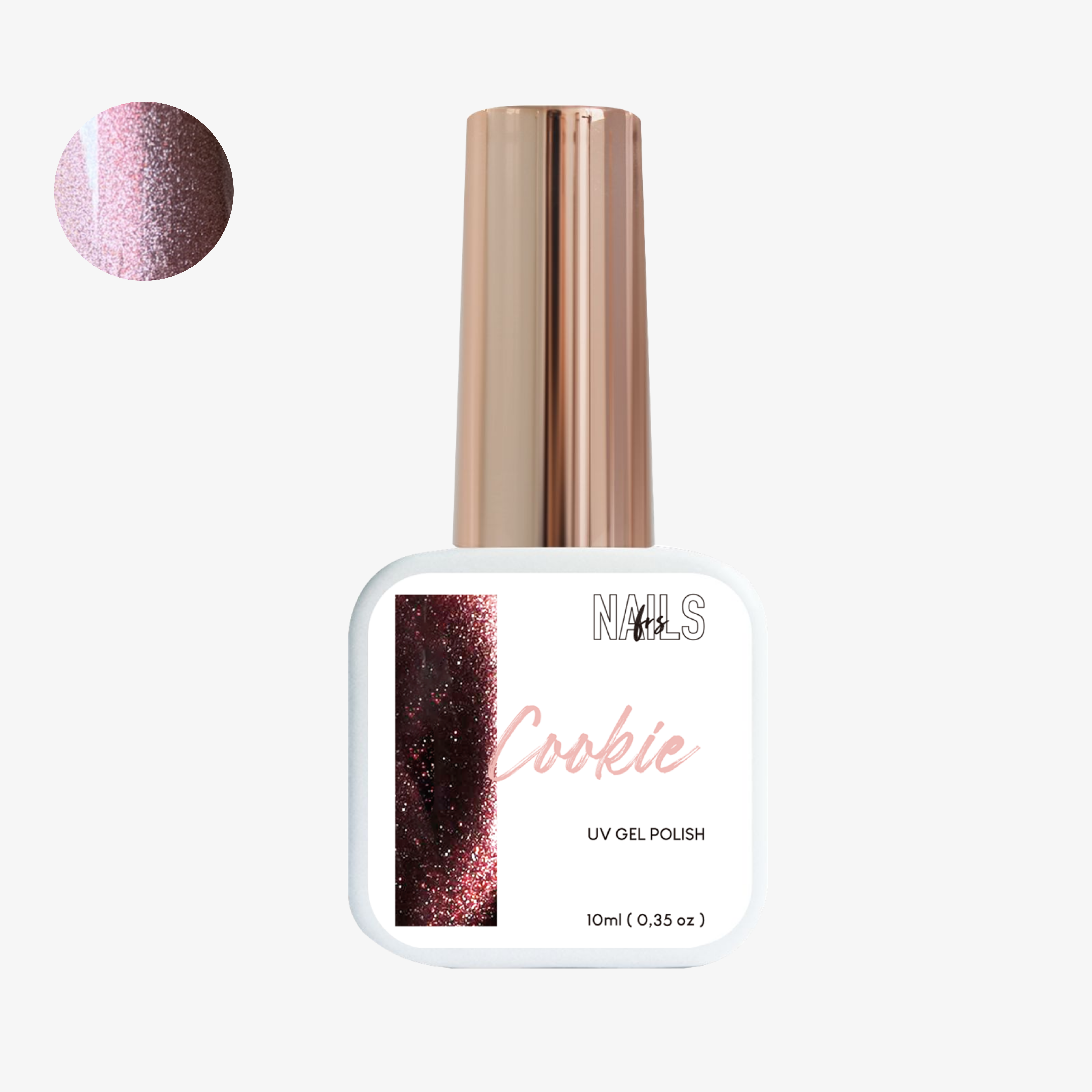 Flacon 10 ml du vernis semi-permanent cat eye Cookie NAILS FRS, base sombre à reflets magnétiques rose doré