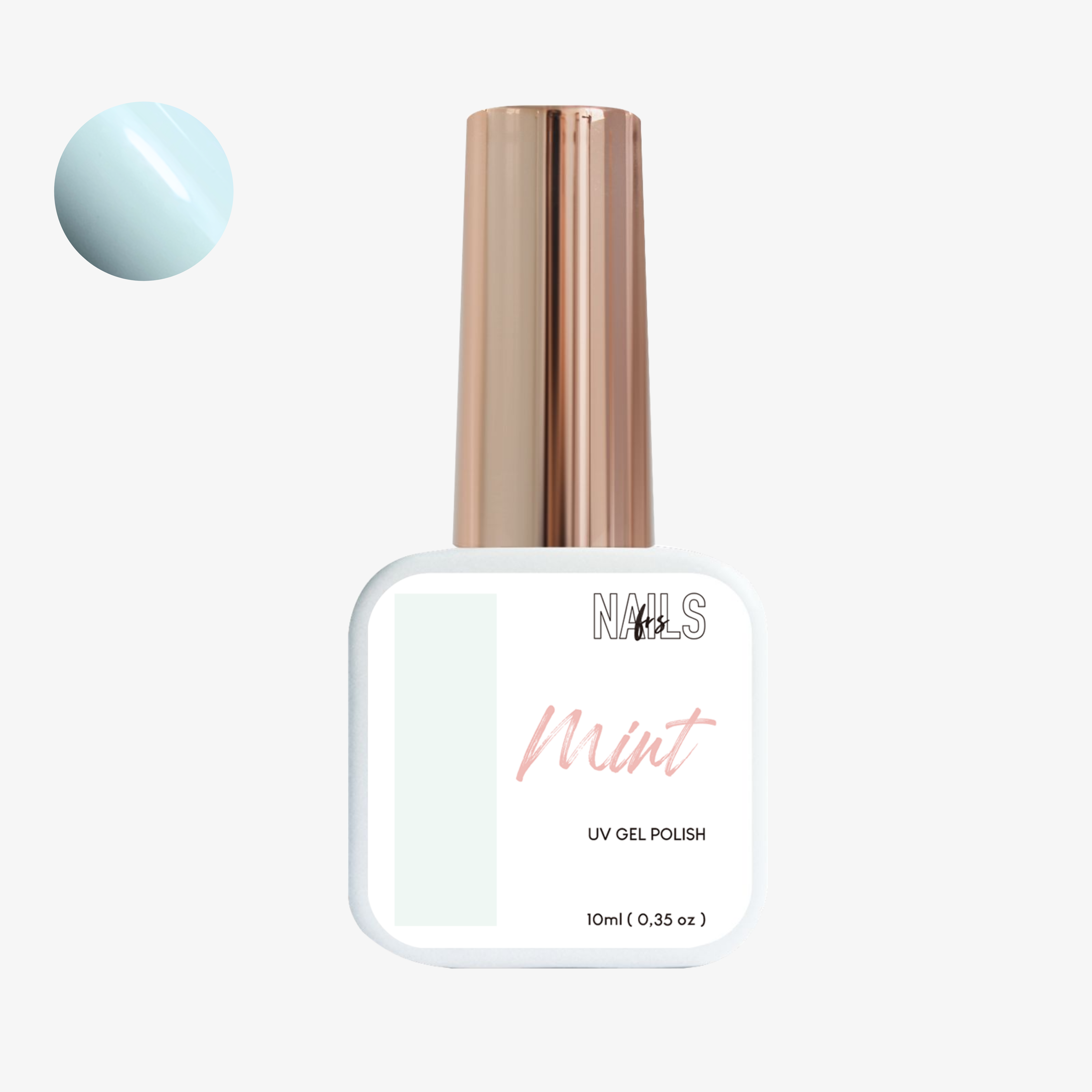 Flacon du vernis semi-permanent Mint NAILS FRS avec pastille vert menthe très pâle