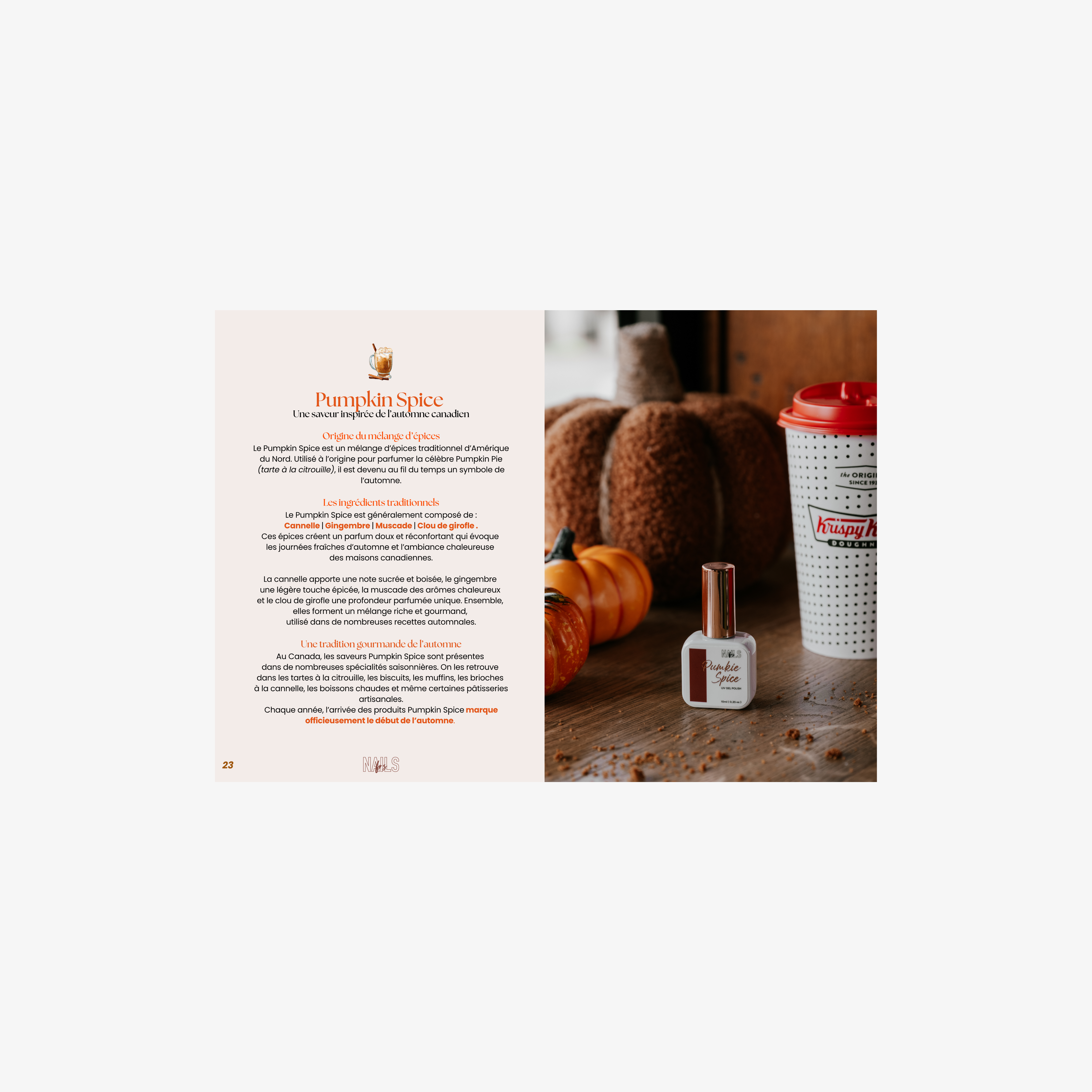 Page du catalogue dédiée au vernis Pumpkin Spice, avec citrouilles et gobelet de café