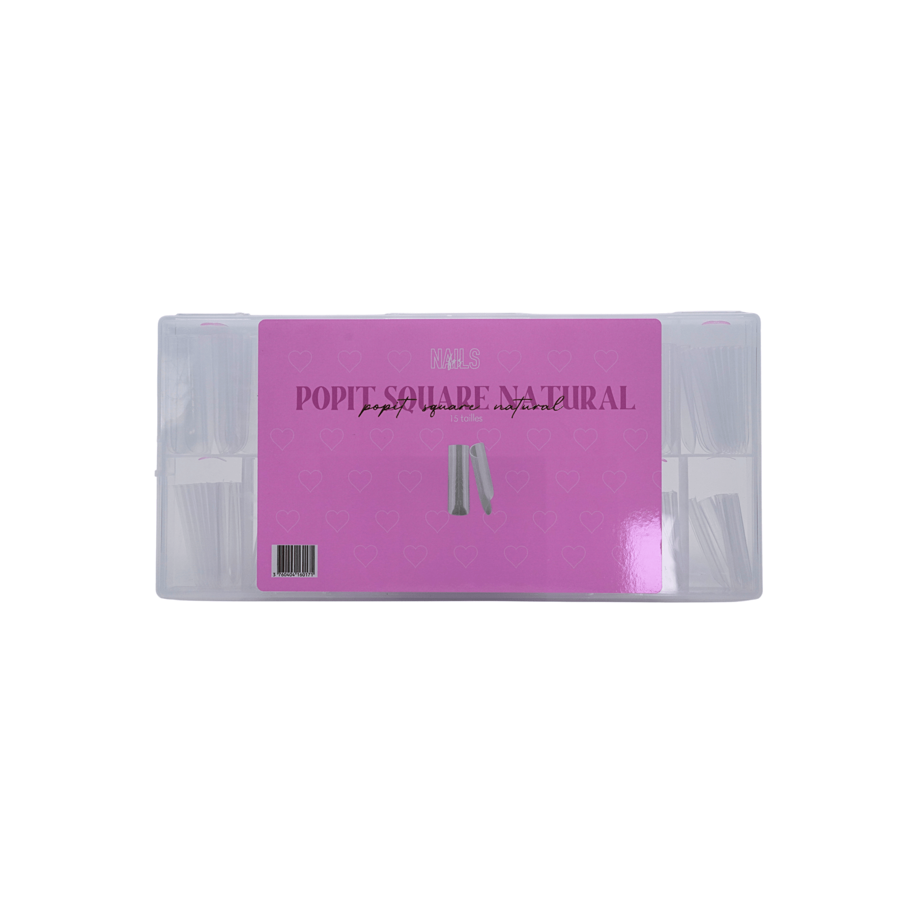 Coffret Popits 15 tailles natural square NAILS FRS, boîte transparente à étiquette rose
