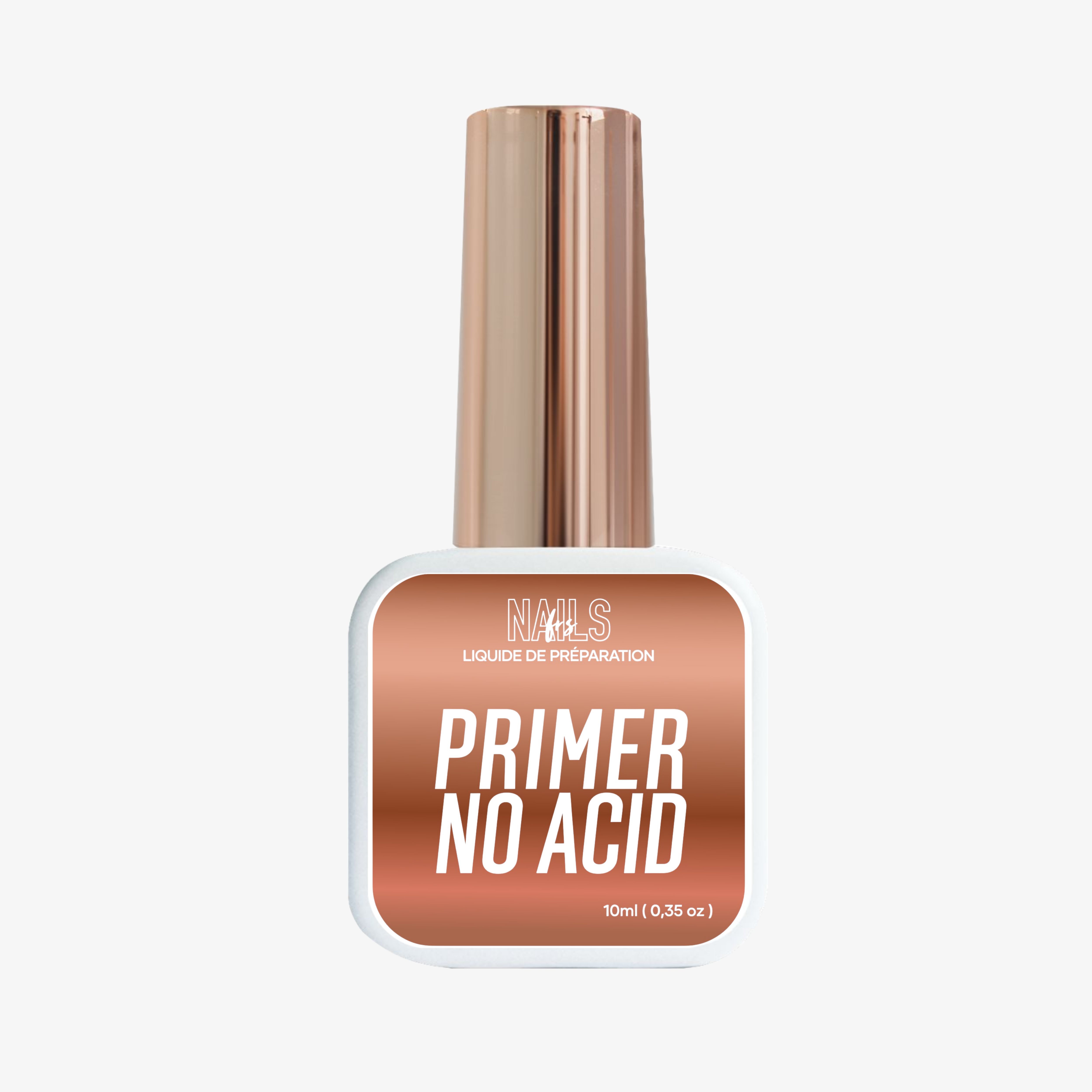 Flacon du Primer No Acid NAILS FRS 10 ml, liquide de préparation sans acide à l'étiquette cuivrée
