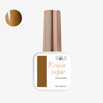 Flacon 10 ml du vernis semi-permanent Brown Sugar NAILS FRS, pastille ronde camel doré