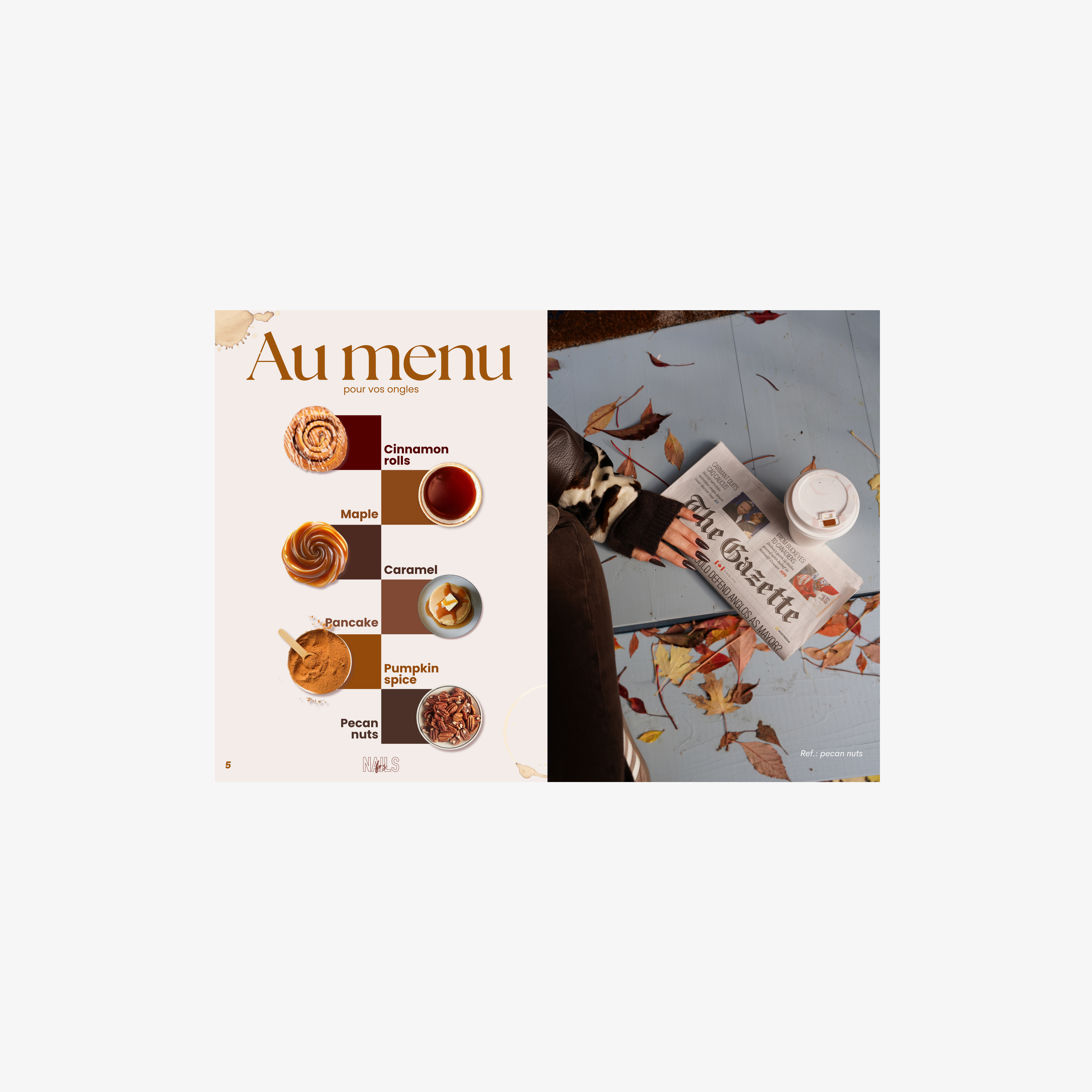 Double page Au menu du catalogue : pâtisseries d'automne associées aux teintes de vernis The Maple Bakery