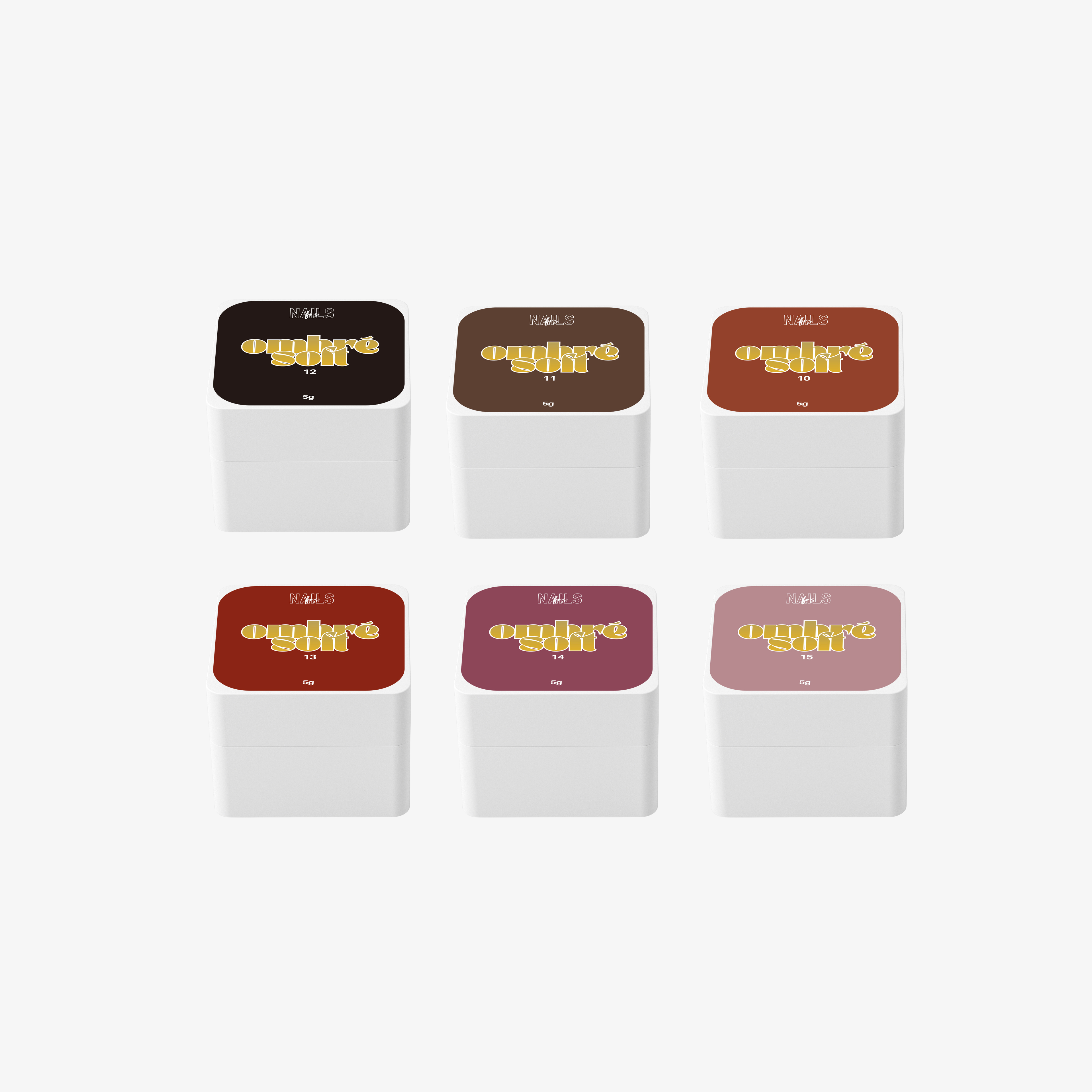 Les six pots Ombré Soft n° 10 à 15 du pack automne NAILS FRS, couvercles aux teintes marron, rouge et rose