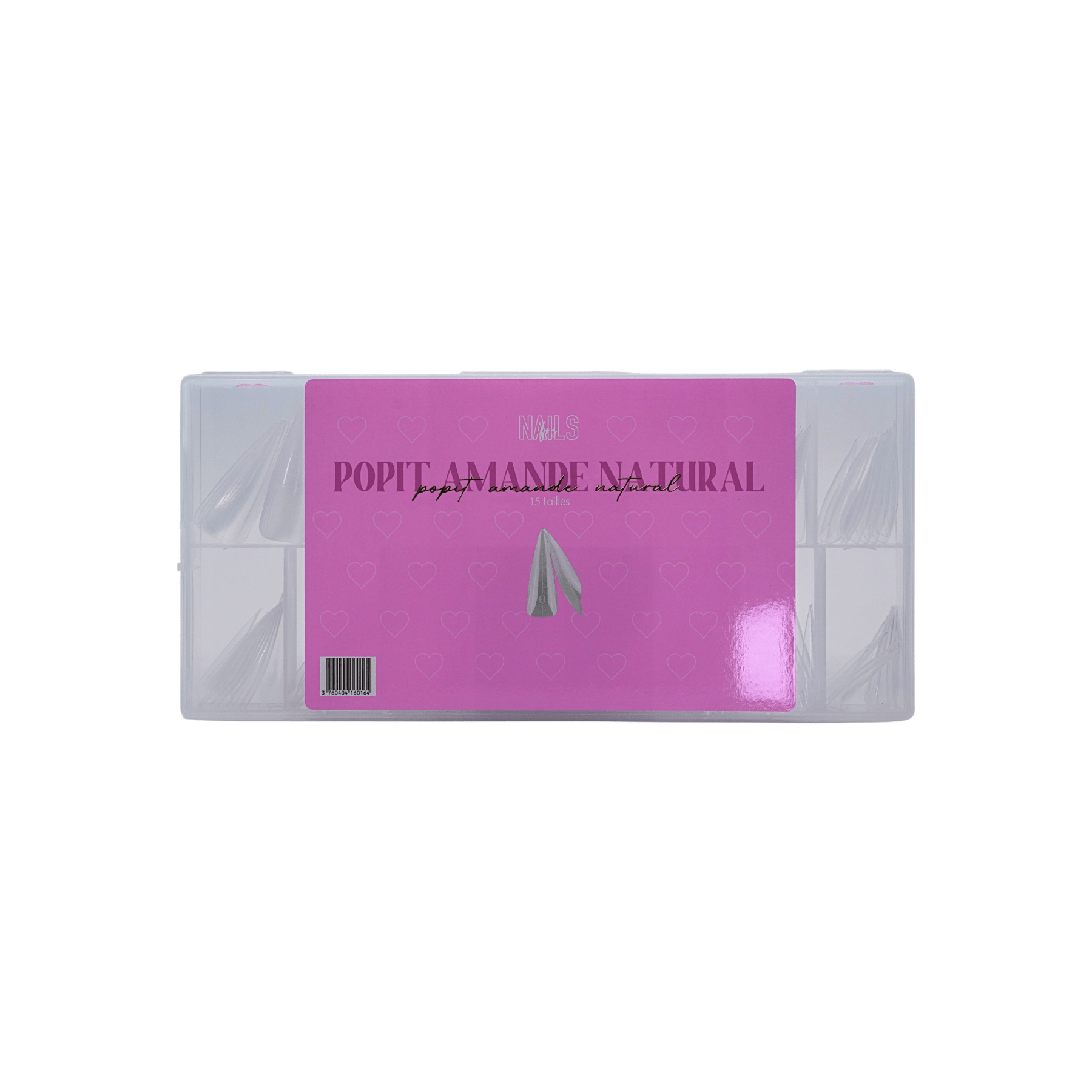 Coffret Popits 15 tailles natural amande NAILS FRS, moules rangés par taille sous étiquette rose