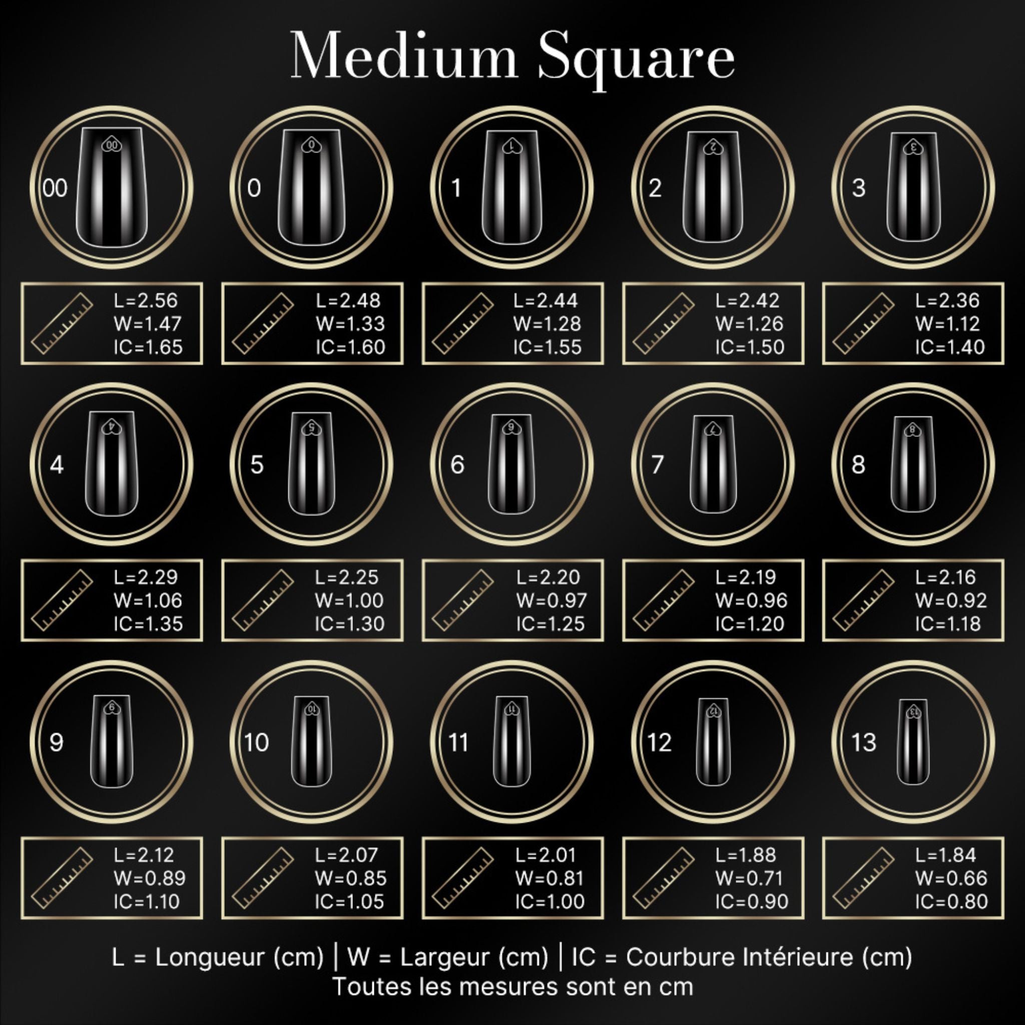 Guide tailles Cap's nails medium square - 15 tailles de capsules américaines de 00 à 13 pour tous ongles