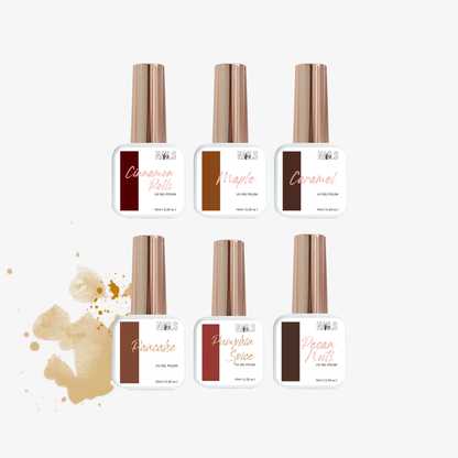 Les six vernis semi-permanents du coffret The Maple Bakery : Cinnamon Rolls, Maple, Caramel, Pancake, Pumpkin Spice et Pecan Nuts