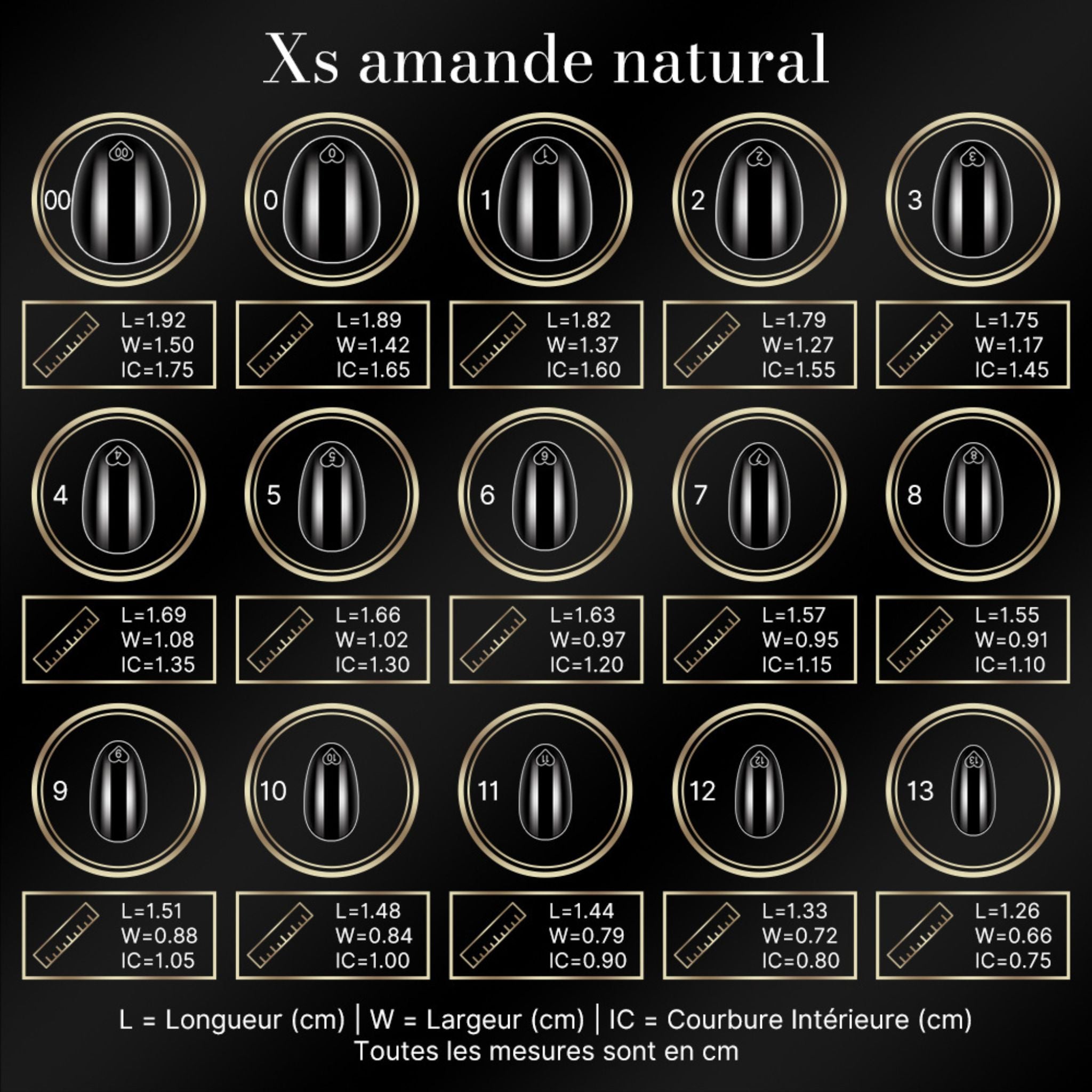 Guide tailles Cap's nails xs amande transparentes - 15 tailles capsules de 00 à 13 